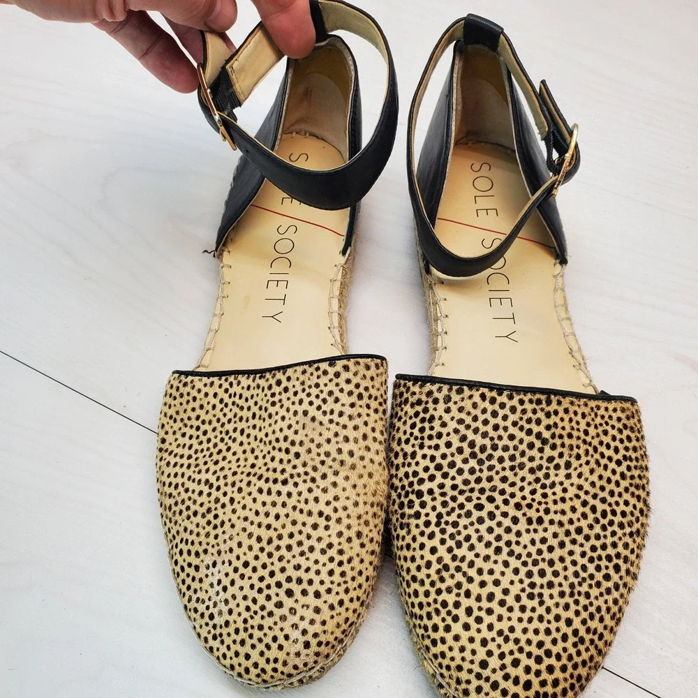 Sole Society Leopard Print Calf Hair‎ Espadrille Ankle Strap Flats Womens 9M 40